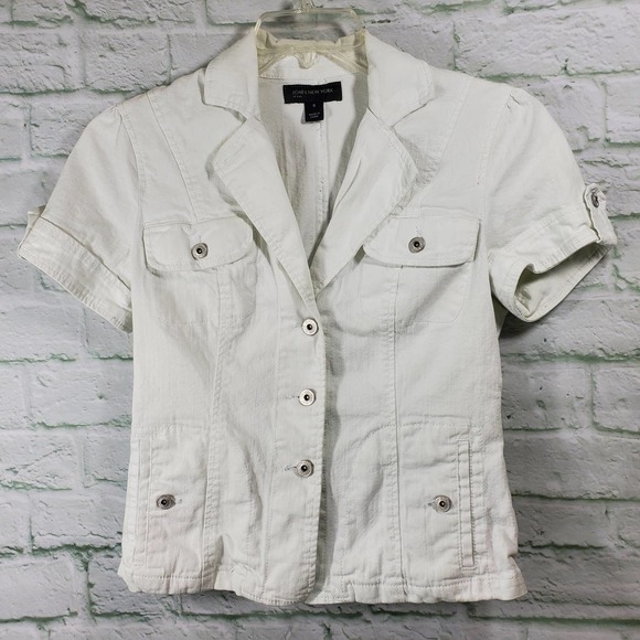 Jones New York White Denim Short Sleeve Jacket Top Sz. S - Picture 1 of 4